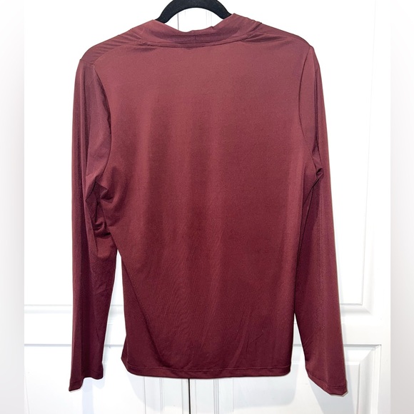 Nine West Burgundy Faux Wrap Blouse Deep V Neck Draped Top L - Picture 5 of 6